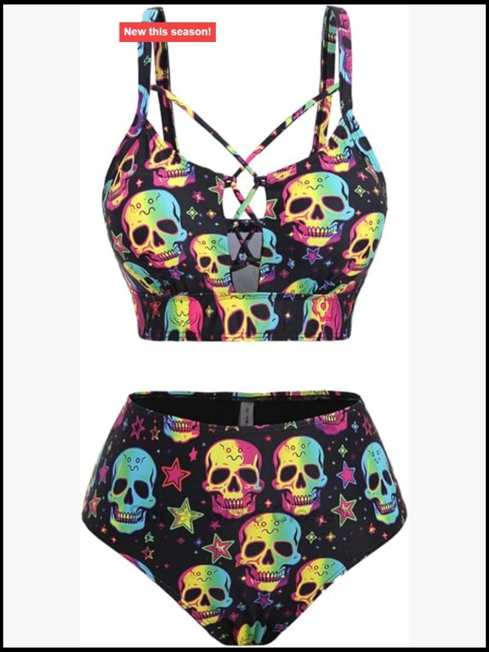 Plus Size Goth Bikini Set Skulls Stars Print High Waisted Tummy Control Bathing